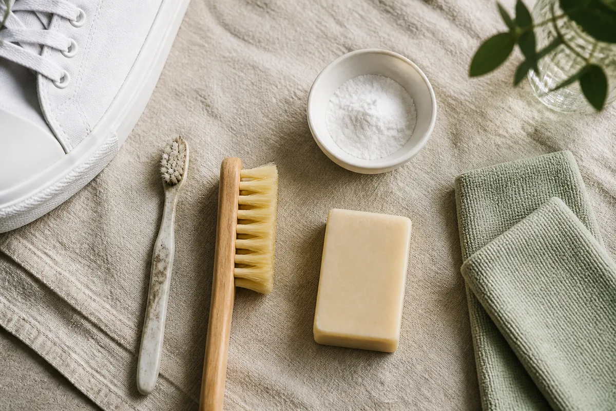 Brosse souple, savon, bicarbonate et chiffon microfibre posés à côté d&rsquo;une basket blanche