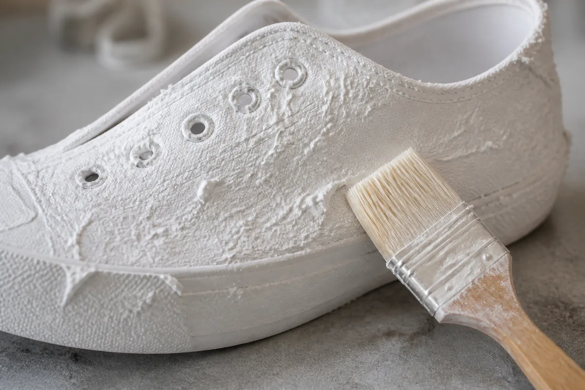 Basket blanche en toile recouverte d&rsquo;une pâte blanche de bicarbonate en cours de séchage