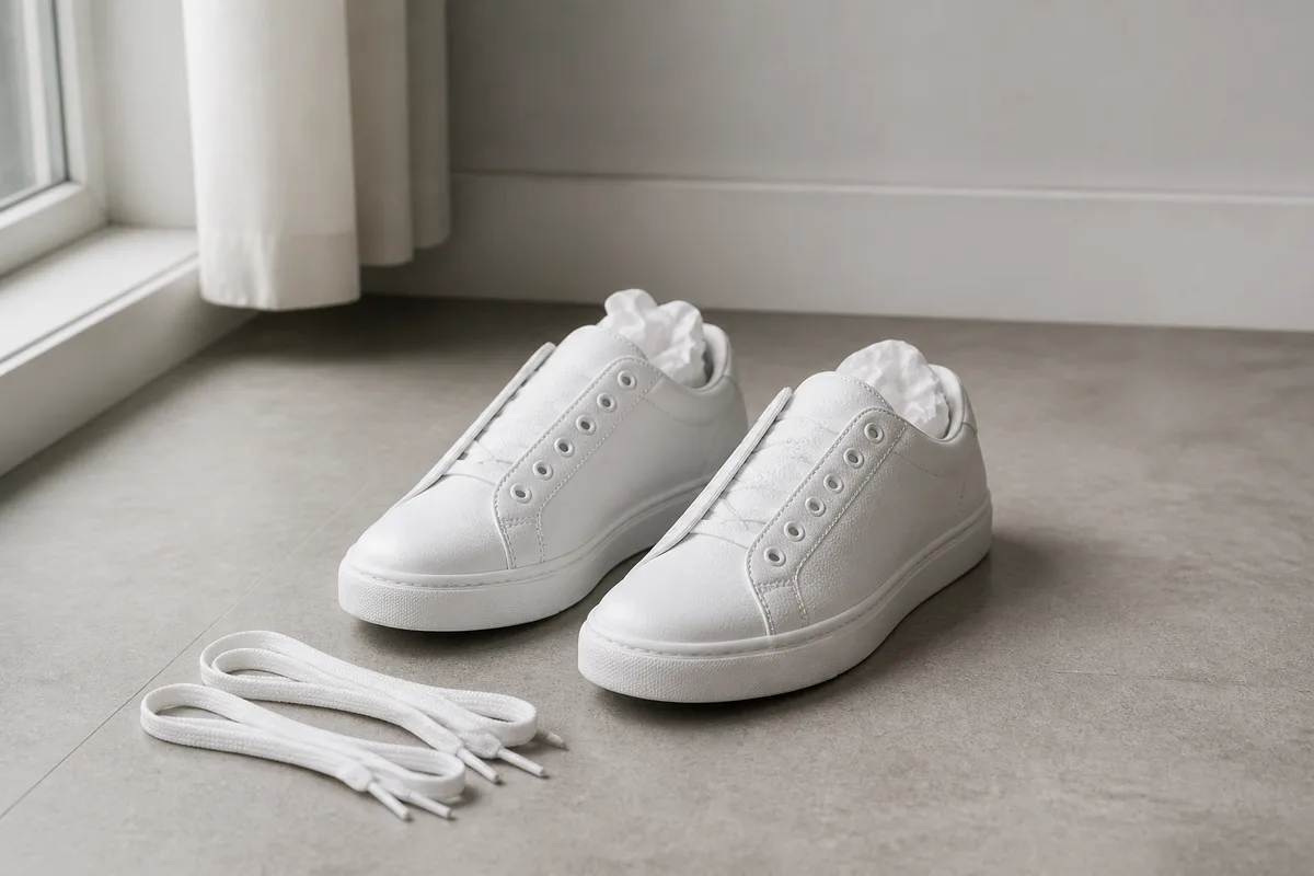 Paire de baskets blanches en train de sécher à l&rsquo;ombre, bourrée de papier absorbant