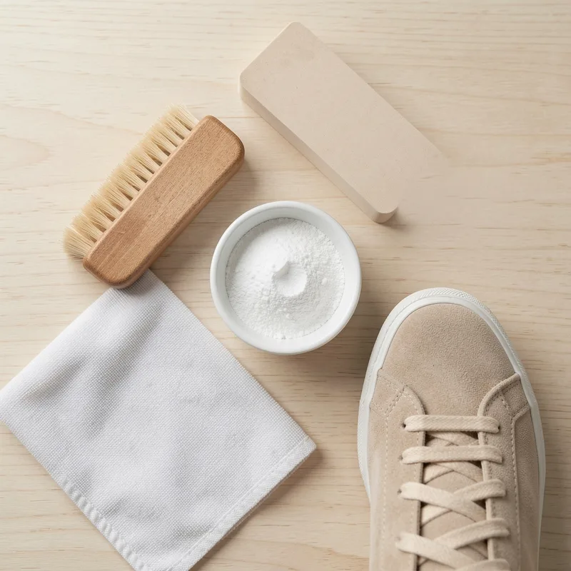 Brosse crêpe et gomme à daim posées à côté d&rsquo;une basket en daim beige sur un plan de travail clair