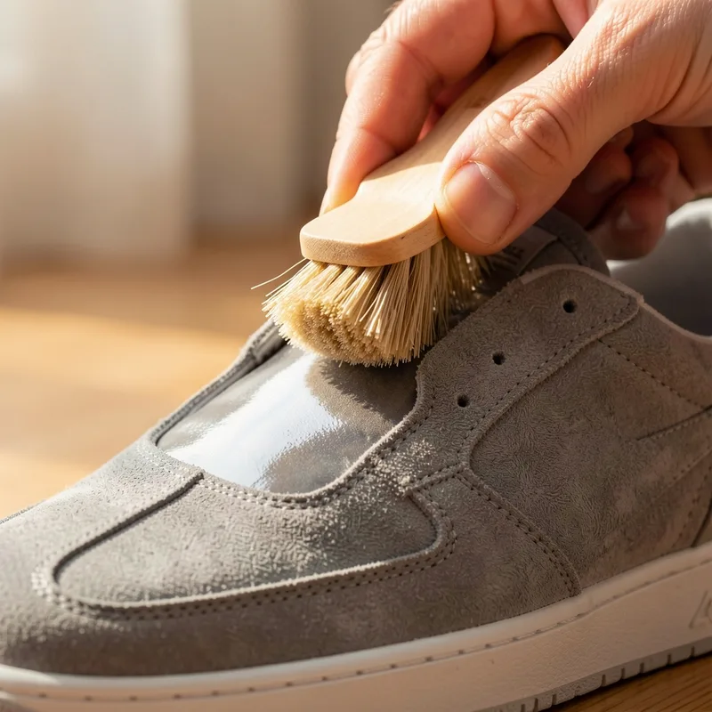 Basket en daim gris brossée à la brosse crêpe pour redresser le poil velouté