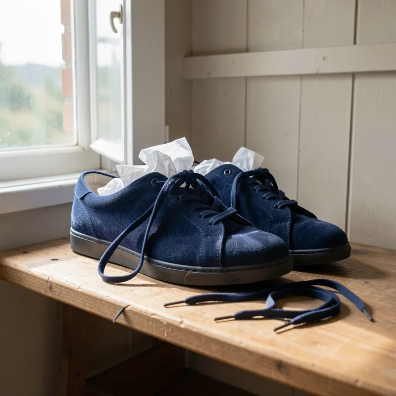 Paire de baskets en daim bleu marine en train de sécher à l&rsquo;ombre, garnie de papier absorbant blanc